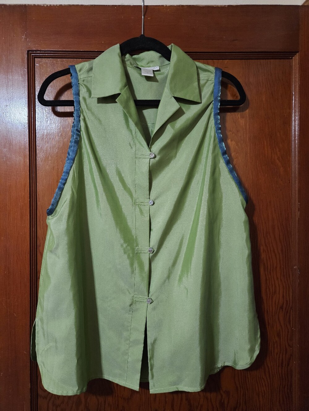 Annie Alexander Green Silk Blend Sleeveless Button-down Top Blouse Missy Size M